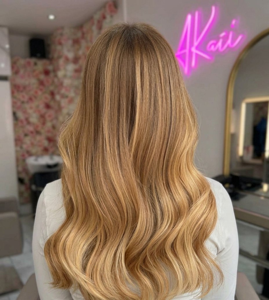 After: long, full honey-balayage extensions