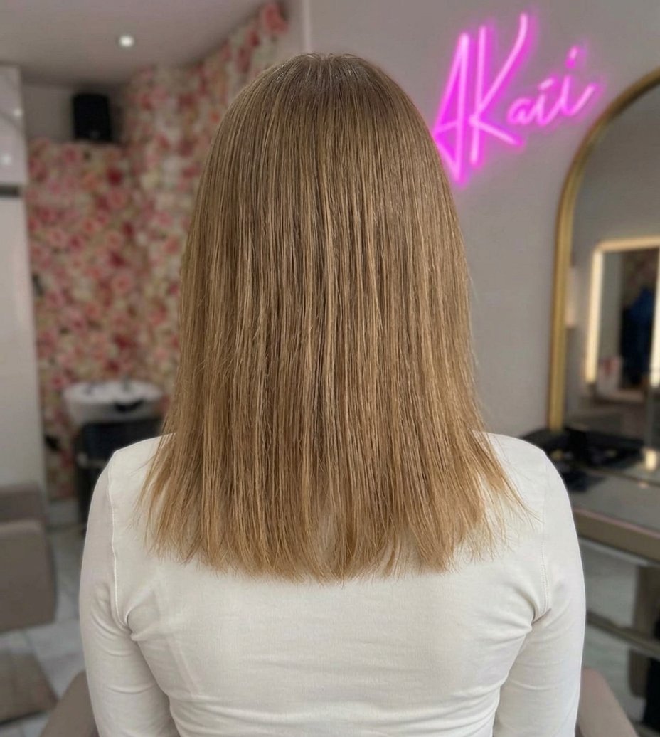 Before: fine, shoulder-length hair